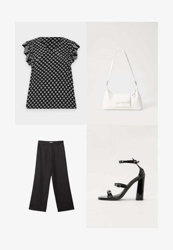 Musta toppi valkoisella kukkakuviolla, V-pääntiellä, rypytetyillä lyhyillä hihoilla ja tiukalla muotoilulla, jossa on teksturoitu kangas pienillä kukilla.; Mustat leveälahkeiset housut, jotka on valmistettu sileästä kankaasta. Niissä on edessä vetoketju ja kaksi sivutaskua, ja niiden muotoilu on räätälöity ja minimalistinen.; Musta kiiltävä korkokenkä sandaalit neliönmuotoisella varpaalla, nilkkaremmillä ja hopeisilla soljilla. Varustettu tukevalla lohkokorkealla vakauden takaamiseksi.; Valkoinen synteettinen käsilaukku, jossa on kolmikulmainen muoto, tasainen etu läppä ja nauhadetail, säädettävä olkahihna, sileä rakenne ja minimalinen muotoilu.