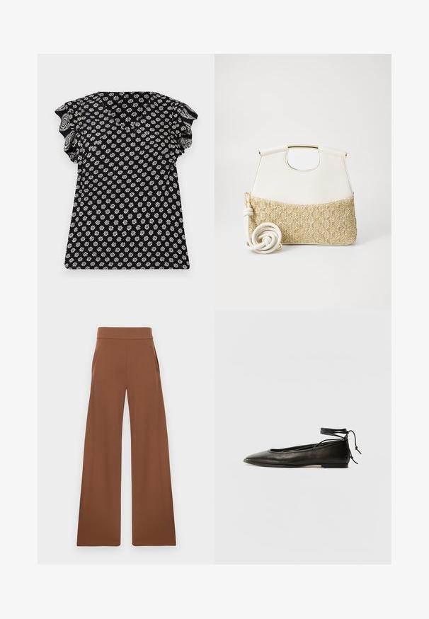 Fekete felső virágos fehér mintával, V-nyakkivágással, fodros rövid ujjal és testhezálló kialakítással, amely finom anyagból készült, kis virágokkal.; Barna, bő szárú nadrág sima, rugalmas anyagból. Magas derékkal és oldalsó zsebekkel rendelkezik, a laza illeszkedés érdekében tervezve.; Fekete bőr balettcipők hegyes orral, bokakötővel és lapos talppal, sima textúrával és minimalista dizájnnal.; Fehér bőr kézitáska texturált krémszínű, szőtt anyagú aljjal. Aranyszínű fogantyúval és tekert fehér pánttal rendelkezik a sokoldalúság érdekében.