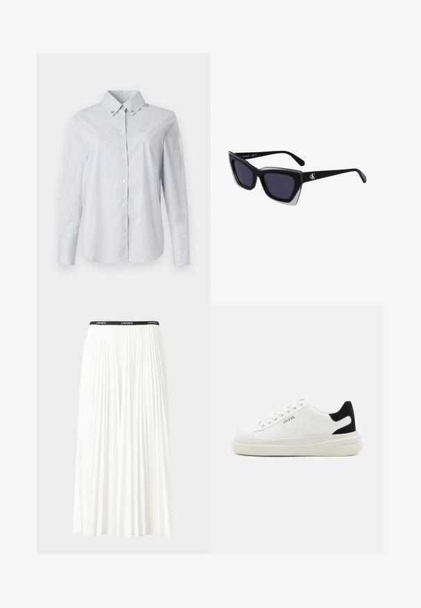 Lichtblauw en wit gestreept overhemd met knoopjes, een puntige kraag, lange mouwen en een klein geborduurd logo op de borst.; Plisséminirok in het wit met een zwarte elastische tailleband met het "LACOSTE"-logo. Middellange ontwerp met een zachte textuur.; Witte leren sneakers met een dikke witte zool, zwarte suède hielaccent en een geperst logo op de zijkant. Vetersluiting met zes oogjes.; Zwarte oversized zonnebril met een geometrische vorm, voorzien van donkere glazen en een contrasterend grijs detail op het montuur. Logo op de arm.