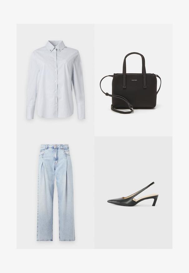 Light blue and white striped button-up shirt with a pointed collar, long sleeves, and a small embroidered logo on the chest.; Light blue denim jeans with a high waist, wide-leg cut, two side pockets, and pleated design feature. Soft texture with a faded finish.; Black pointy-toed slingback shoe with a low heel, featuring smooth leather material and cut-out design on the side for breathability.; Black handbag with dual short handles and a removable shoulder strap. Smooth leather-like material with a zip closure and logo detail.