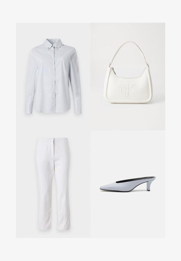 Světle modrá a bílá pruhovaná košile s límečkem, dlouhými rukávy a malým vyšívaným logem na hrudi.; Bílé bavlněné kalhoty s rovnou nohavicou, s středně vysokým pasem a bez viditelných kovových prvků nebo vzorů. Hladká textura po celém povrchu.; Světle modrý lakovaný kožený mule s špičatou špičkou, nízkým transparentním podpatkem a štíhlým designem s výřezem na nártu.; Bílá kožená kabelka s křivkovým tvarem, na přední straně s vyraženým logem "CK" a jediným ramenním popruhem. Zipový uzávěr na vrchu.