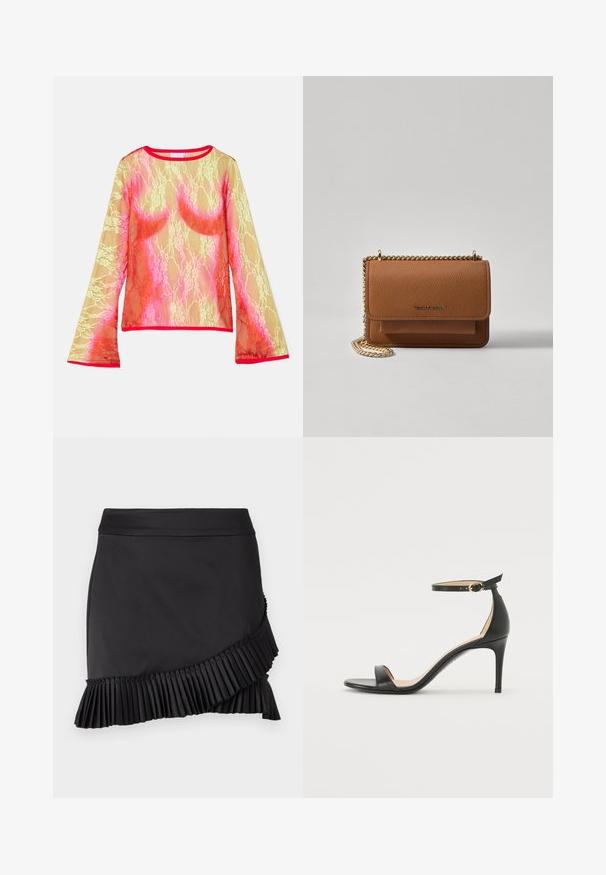 Pitkähihaista pitsipaitaa, jossa on keltainen, vaaleanpunainen ja punainen sävyävä gradientti, pyöreä kaula-aukko ja levenevät hihat. Reunus on kirkkaanpunainen.; Mustapuku, jossa on laskostettu helma, tyylikäs muotoilu, sileä rakenne ja epäsymmetrinen leikkaus alareunassa.; Musta nahkainen korkokenkä nilkkahihnalla. Sen pinta on sileä, avotoppi ja ohut korko. Kultasävyinen solk yksityiskohtana.; Ruskean teksturoidun nahkasta valmistettu crossbody-laukku, jossa on kultaketjuhihna ja läppäkiinnitys. Edessä on logodetail ja tasku läppäisen alla.