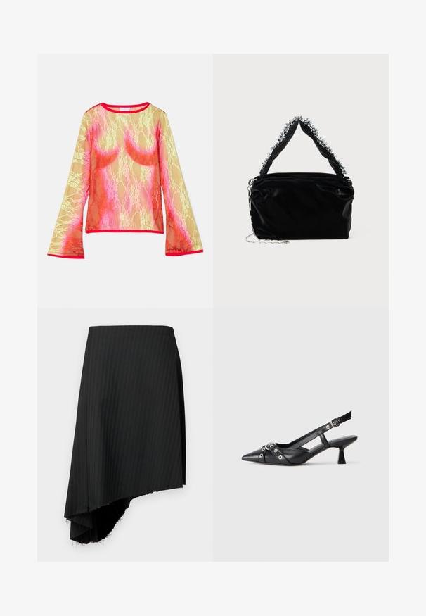 Lace long-sleeve top featuring a gradient of yellow, pink, and red, with a round neck and flared sleeves. The trim is bright red.; Black pinstriped skirt with an asymmetrical hemline, featuring raw edges. Made of lightweight fabric with a smooth texture.; Black leather slingback shoe with a pointed toe, decorative straps featuring metal eyelets, and a low block heel. Textured surface.; Black faux leather handbag with a textured finish, featuring a beaded silver accent along the top handle and a chain strap.