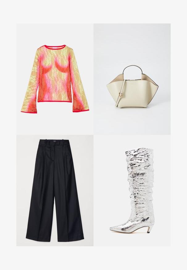 Top en dentelle à manches longues avec un dégradé de jaune, rose et rouge, col rond et manches évasées. La finition est d'un rouge vif.; Pantalons noirs à jambes larges en tissu lisse, dotés d'une taille haute, de plis et d'une coupe ajustée. Quincaillerie noire simple à la taille.; Botte argentée arrivant à mi-mollet avec une texture froissée, un bout pointu et un petit talon. Fabriquée en matériau brillant avec une surface réfléchissante.; Ree Projects ANN - Sac à main - beige