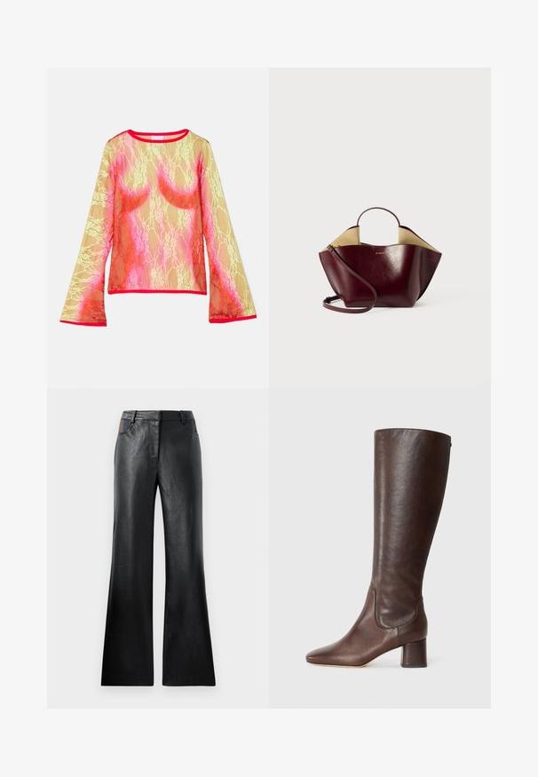 Top en dentelle à manches longues avec un dégradé de jaune, rose et rouge, col rond et manches évasées. La finition est d'un rouge vif.; Pantalon évasé en cuir noir avec une texture lisse, comportant deux poches avant avec des accents noirs et marron près de la taille.; Casadei EMILY - Bottes - brown; Sac à main en cuir bordeaux avec une forme structurée, doté d'une courte poignée, d'une longue bandoulière et d'un intérieur beige contrastant.