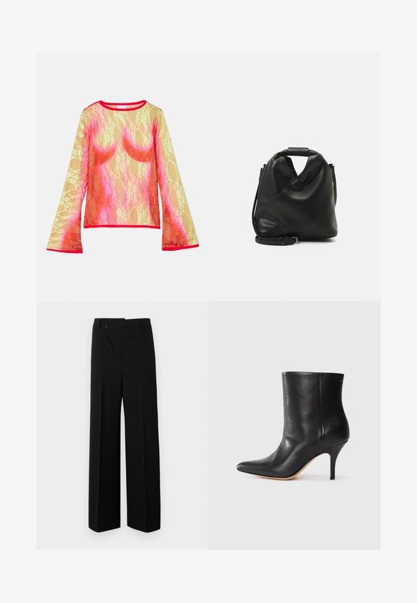 Top en dentelle à manches longues avec un dégradé de jaune, rose et rouge, col rond et manches évasées. La finition est d'un rouge vif.; Pantalons larges noirs avec un devant plat, fermeture à boutons et texture de tissu lisse. Présente une coupe droite et des lignes nettes.; Bottine en cuir noir à bout pointu, avec un talon aiguille fin et une texture lisse. Design minimaliste sans matériel ou accents visibles.; Sac en cuir noir et doux avec un design torsadé unique. Doté d'une courte poignée et d'une bandoulière amovible. Style minimaliste.