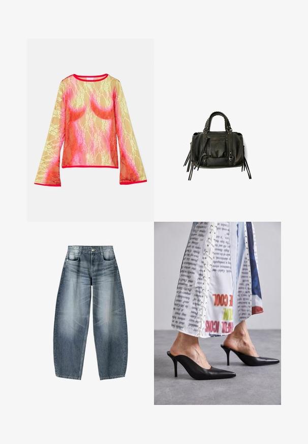 Spitzenoberteil mit langen Ärmeln, das einen Farbverlauf von Gelb über Pink bis Rot zeigt. Es hat einen runden Halsausschnitt und ausgehende Ärmel. Der Saum ist leuchtend rot.; Weite Jeans aus hellblauem Denim mit Ausbleichungen, im fünf-Taschen-Design, mit Knopfverschluss und minimalen Nähtelementen.; Schwarze Leder-Mules mit spitzer Zehenpartie und Stiletto-Absatz, kombiniert mit einem weißen, gemusterten Kleidungsstück mit Schnürdetails.; Schwarze Lederhandtasche mit geflochtenen Griffen, Reißverschlussfach und hängenden Quasten. Strukturiert Oberfläche mit Metallnieten und Hardware-Akzenten.