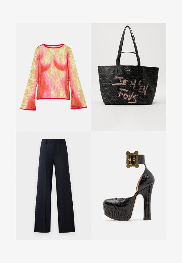 Top de encaje de mangas largas con un degradado de amarillo, rosa y rojo, con cuello redondo y mangas acampanadas. El ribete es de un rojo brillante.; Pantalones de pierna ancha en negro. Corte entallado con una textura suave. Presenta una fila de remaches metálicos a lo largo de las costuras laterales como detalle.; Vivienne Westwood PORTRAIT SANDAL - Tacones - black; Bolsa tote negra con material texturizado que presenta un patrón de diamantes, asas para el hombro y un texto en rojo y blanco que dice “JE M'EN FOUS.”