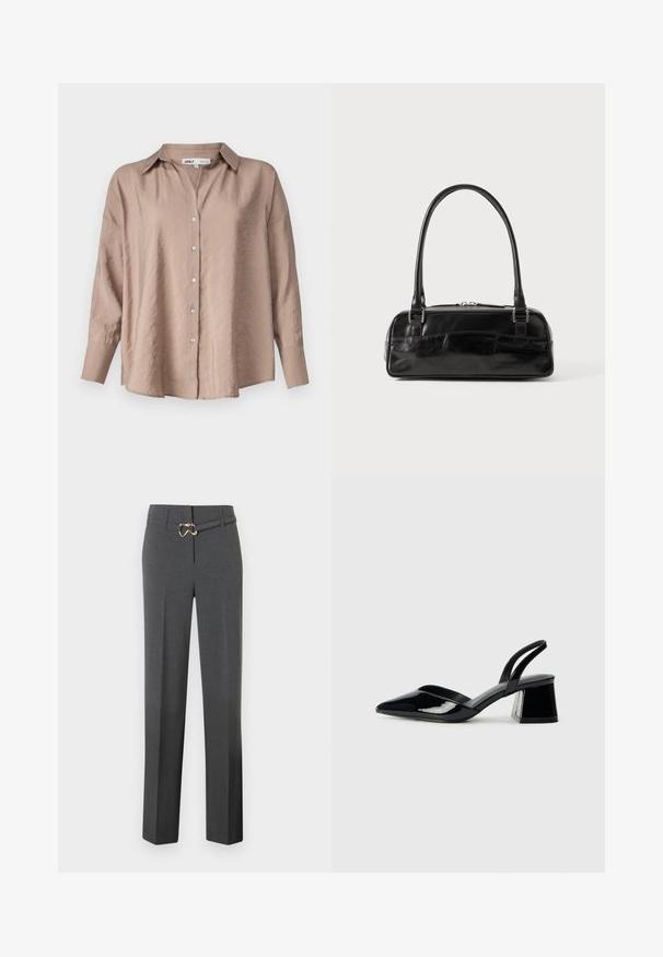 Light brown oversized button-up shirt, featuring a classic collar, long sleeves, and a slightly textured satin fabric.; Dark gray tailored women's trousers with straight legs and a thin matching belt featuring a gold-tone buckle.; Black patent leather slingback heels with a pointed toe and a geometric block heel. Features a sleek, minimal design and smooth texture.; Black leather handbag with a rectangular shape, featuring a single structured handle, silver hardware, and zip closure. Smooth texture.