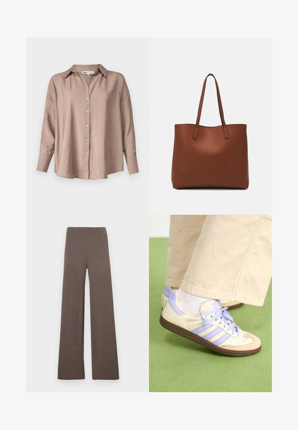 Lys brun oversized skjorte med knapper, med klassisk krage, lange ermer og en lett strukturert satengstoff.; Ribbede bukser med vide ben i en mørk brun farge, med elastisk midjebånd og et mykt, teksturert stoff.; Kremfargede og lavendelfargede joggesko med tre striper og en teksturert brun såle, med lisser og en polstret hæl. Mykt stofføvre.; Brun lær tote veske med en jevn tekstur, åpen toppdesign og to skulderstropper. Har minimal søm og ingen synlige spiker.