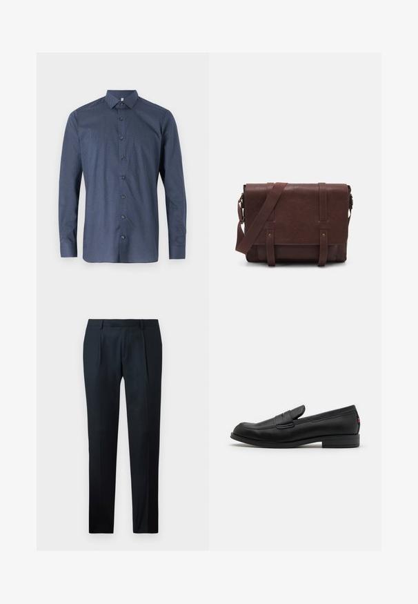 Navyblaues Longsleeve-Shirt mit subtilen geometrischen Mustern, Knopfverschluss und klassischem Kragen. Hergestellt aus glattem Stoff mit einer eleganten Textur.; Schwarze maßgeschneiderte Hose aus glattem Material mit schlankem Schnitt, zwei vorderen Falten und einem flachen Bund ohne sichtbare Beschläge.; Schwarze Lederloafer mit glatter Oberfläche, abgerundetem Zehenbereich und einem kleinen dekorativen Riegel. Ausgestattet mit einem niedrigen, gestapelten Absatz und einem dezenten Markenlogo.; Braune Leder-Umhängetasche mit einer flachen Vorderklappe, zwei Riemen, goldenen Hardware-Akzenten und einem verstellbaren Schultergurt.