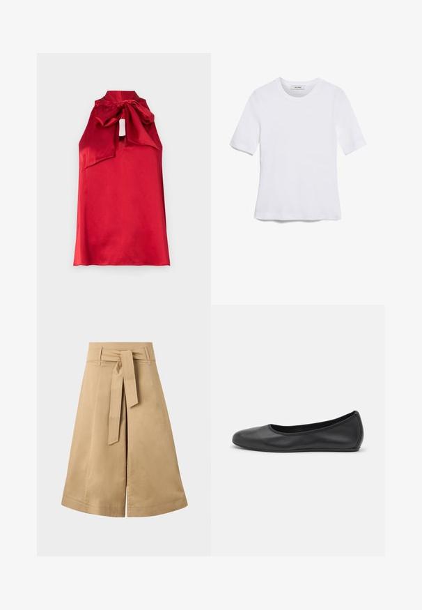 Red satin sleeveless top with a high neck, tied bow accent, and a keyhole cutout. Smooth texture and flowing design.; White short-sleeve t-shirt made of ribbed fabric. Round neckline, regular fit, and subtle stitching details. No patterns or graphics.; Khaki midi wrap skirt with a tie belt, made of lightweight cotton, featuring a flared silhouette and visible stitching details.; Black leather ballet flat with a rounded toe, smooth texture, minimal stitching detail, and a flexible sole design.
