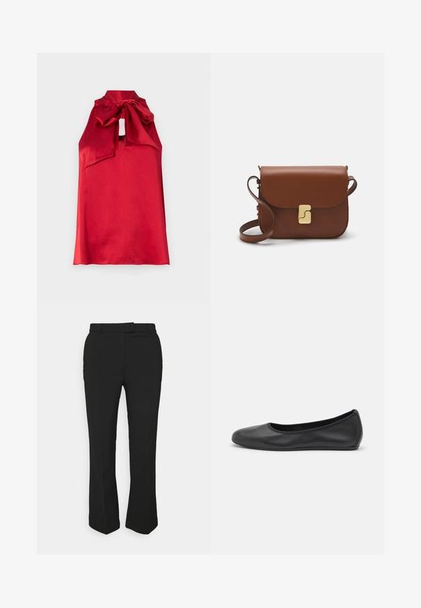 Top senza maniche in satin rosso con collo alto, dettaglio a fiocco annodato e apertura a chiave. Texture liscia e design fluido.; Pantaloni neri su misura con design a gamba dritta, dotati di passanti per cintura e tasche laterali. Realizzati in tessuto liscio con una finitura pulita.; Pantofole da balletto nere in pelle con punta arrotondata, texture liscia, dettagli di cucitura minimi e design con suola flessibile.; Borsa a tracolla in pelle marrone con chiusura a pattina, hardware color oro, tracolla e una finitura liscia. Forma rettangolare compatta.