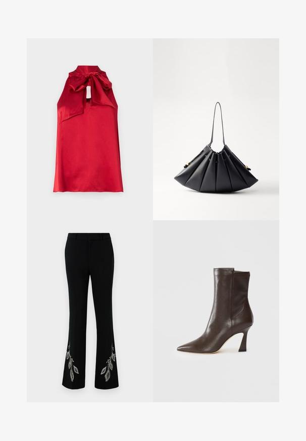 Red satin sleeveless top with a high neck, tied bow accent, and a keyhole cutout. Smooth texture and flowing design.; Black flared trousers with decorative silver leaf embroidery at the hem. Features a smooth fabric, tailored fit, and flat front design.; Dark brown leather mid-calf boot with pointed toe, curved slim heel, and smooth finish on a white background.; Black pleated handbag made of smooth leather, featuring a single handle, gold accents, and a geometrically structured shape.
