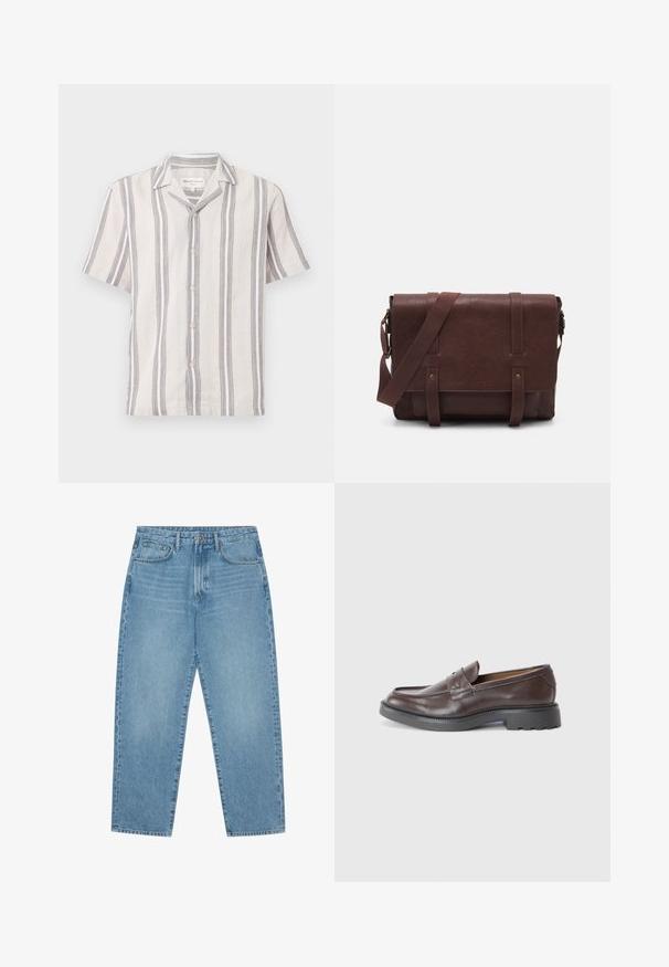 Camisa de botão de manga curta em tecido bege claro com riscas cinza-escuras, apresentando um colarinho clássico e botões perolados.; Jeans de ganga de perna larga em azul-claro com cintura alta, apresentando cinco bolsos, passadores para cinto e uma textura suave, ligeiramente desbotada.; Mocassins de couro castanho com um acabamento suave, bico redondo, costura mínima e uma sola grossa de borracha preta. Sem hardware ou detalhes visíveis.; Mala mensageiro de couro castanho com uma aba frontal plana, duas correias, detalhes em metal dourado e uma alça de ombro ajustável.