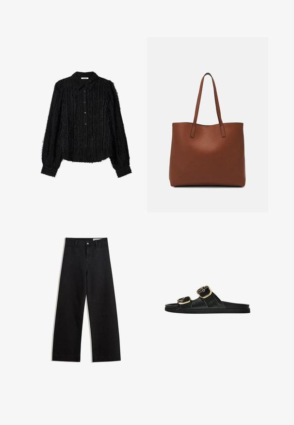 Schwarze Bluse mit einem strukturierten, ausgefransten Design und langen Ärmeln. Verfügt über eine Knopfleiste und einen klassischen Kragen. Weicher und leichter Stoff.; Schwarze weit geschnittene Jeans mit hoher Taille, ausgestattet mit Vorder- und Hintertaschen, gesteppten Nähten und einem Knopfverschluss. Glatte Textur.; Schwarze Riemensandale mit zwei goldenen Schnallendetails, glattem Material, flachem Sohlen und minimalistischer Gestaltung.; Braune Leder-Tote mit glatter Textur, offenem Oberteil und zwei Schulterriemen. Verfügt über minimale Nähte und keine sichtbaren Beschläge.