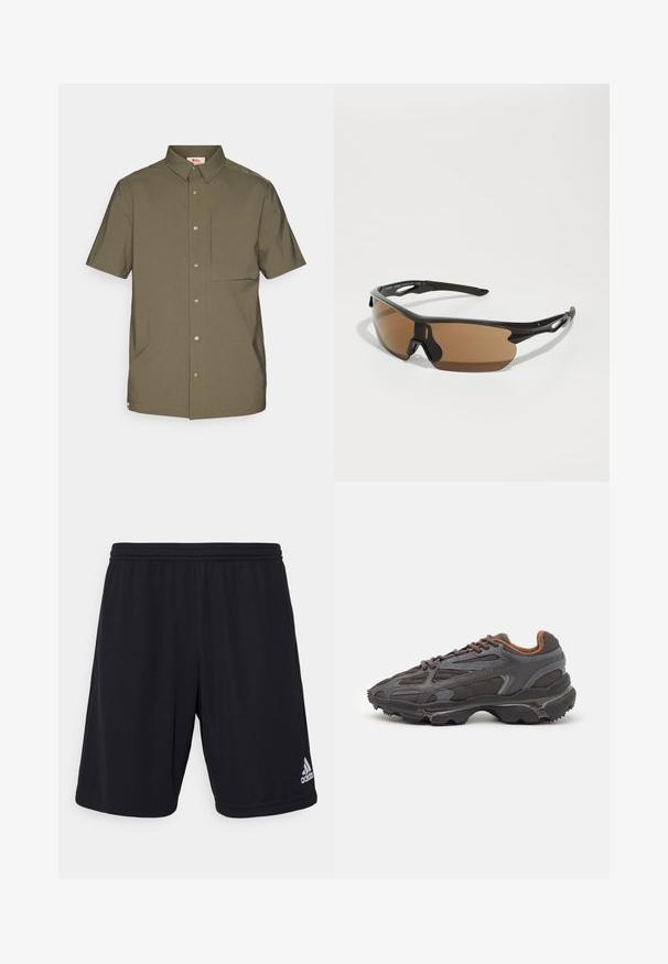 Kr shorteré rukávy olivno zelenej košele z hladkého materiálu, s golierom na gombíky, prednými gombíkmi a vreckom na prsiach.; Bela bombažna majica s kratkimi rokavi, okroglim ovratnikom in subtilnim logotipom Levi's, natisnjenim na sredini. Mehak material in standardna oblika.; Črne atletske kratke hlače iz lahkega, zračnega materiala. Imajo elastični pas in srebrni Adidasov logotip na spodnji desni strani.; Lacoste teniske v temno sivi barvi z mrežasto in sintetično prevleko, s teksturiranim podplatom in rjavimi detajli na ovratniku ter blagovni znamki.; Športne sončne očala z črnim okvirjem, rjavimi lečami in teksturiranimi črnimi detajli na templjih. Lahka in aerodinamična zasnova.