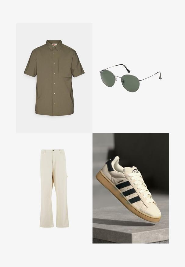 Krátky rukáv olivovo zelená košeľa vyrobená z hladkej tkaniny, s golierom na tlačidlo, prednými gombíkmi a náprsné vrecko.; Biela bavlnená tričko s krátkymi rukávmi, okrúhlym výstrihom, uvoľneným strihom a žiadnymi viditeľnými logami alebo vzormi. Hladká textúra a minimálny dizajn.; Béžové nohavice s širokým strihom vyrobené z látky s prímesou bavlny s uzáverom na gombík. Obsahujú bočné vrecká a majú jemnú textúru. Viditeľné švy.; Béžové semišové tenisky s tromi tmavomodrými pruhmi, bielymi šnúrkami a béžovou gumovou podrážkou. Obsahujú logo na jazyku a text "CAMPUS".; Sunglass s metalovým rámom s oválnymi zelenými šošovkami. Tenký strieborný kovový rám a čierne štuple za uši. Minimalistický dizajn, bez viditeľných log.