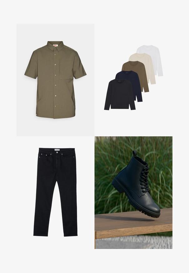 Lyhythihainen oliivinvihreä paita, joka on valmistettu sileästä kankaasta. Tässä paidassa on napillinen kaulus, etunapit ja rintatasku.; Viisi pitkähihasta paitaa, joissa on väriharjoitus: tumma laivastonsininen, laivastonsininen, oliivinvihreä, beiget ja valkoinen. Jokaisessa on pyöreä kaula-aukko ja sileä tekstuuri.; Mustat farkut, joissa on suora lahkeiden malli, viisi taskua, metallirei'itykset ja nappisuljenta. Pehmeä rakenne, jossa on hieman joustoa.; Musta nilkkuri, joka on valmistettu sileästä nahasta. Ominaisuuksiin kuuluu nauhakiinnitys, pyöreä kärki ja kova pohja, jossa on selkeä kuviointi. Pieni vetotappi kannassa.