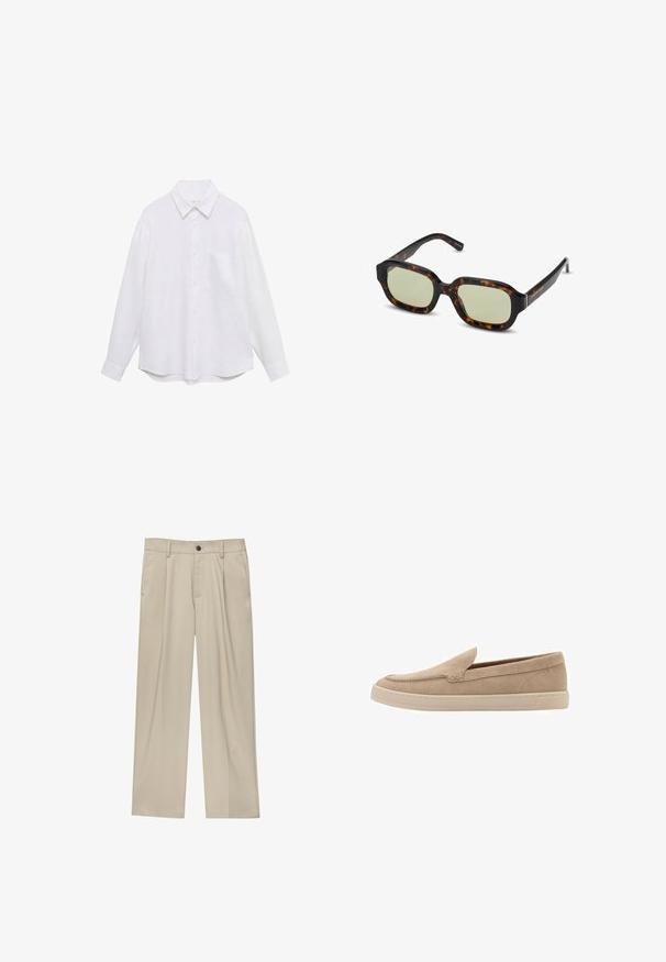 Bílá košile s dlouhými rukávy vyrobená z lehkého materiálu, s zapínáním na knoflíky, límečkem a jednou náprsní kapsou. Hladká textura.; Béžové kalhoty klasického střihu, se jedním černým knoflíkem, poutky na opasek a bočními kapsami. Hladká textilie a minimalistický design.; Béžová semišová nazouvací bota s kulatou špičkou a prošívanými detaily. Světle barevná gumová podrážka s nízkým profilem.; Želvovinové sluneční brýle se zeleně zabarvenými skly, obdélníkový tvar, široké rámy a hladký povrch. Akcenty na spáncích.