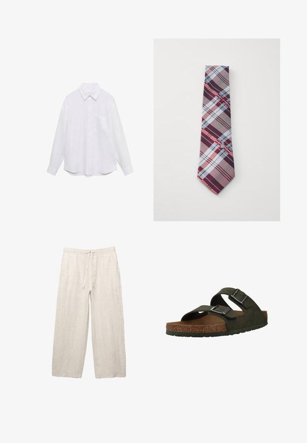 Witte langekleurige blouse van lichtgewicht stof, met een knoopsluiting aan de voorkant, kraag en een enkele borstzak. Gladde textuur.; Linnen broeken in lichtbeige, met een elastische tailleband met een trekkoord, een wijde pasvorm en zijzakken. Gladde textuur.; Groene instapsandalen met twee verstelbare banden, een kurken voetbed en een rubberen zool. Voorzien van zilveren gespen en een gestructureerd bovenmateriaal.; Geruite stropdas met een patroon van bordeaux, grijs, blauw en rode strepen. Gemaakt van soepel materiaal met een scherpe punt.