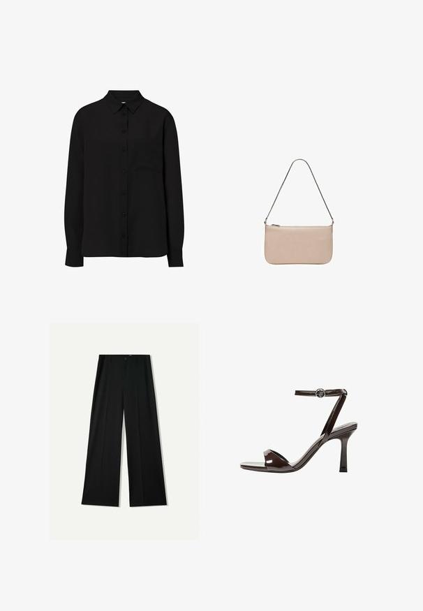 Zwarte langesleeve blouse met knopen, gemaakt van een gladde stof, met een klassieke kraag en een borstzak aan de linkerkant. Eenvoudig ontwerp zonder patronen.; Bershka WIDE - Broek - black; Bruine gepatenteerde lederen sandaal met hoge hak, enkelbandje, open teen, en een strak, minimalistisch ontwerp. Voorzien van een vierkante hak.; Beige rechthoekige tas met een gladde textuur, een zilveren kettingband en een ritssluiting aan de bovenkant. Eenvoudig, minimalistisch ontwerp.