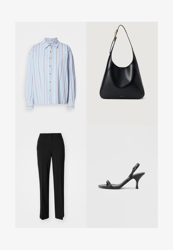 Camisa azul-claro de botão, com riscas verticais vermelhas, colarinho clássico e mangas longas com punhos. Apresenta botões dourados à frente.; Calças pretas de corte ajustado com um design de perna reta, apresentando uma textura lisa e pregas bem definidas na frente. Sem hardware visível.; Sandálias de salto alto em couro preto com um salto curvado e fino e um design de tiras cruzadas. Correia ajustável no tornozelo. Textura suave.; Bolsa de ombro em couro preto com uma textura suave, silhueta curvada e um detalhe em metal dourado. Apresenta logótipo da marca em relevo na base.