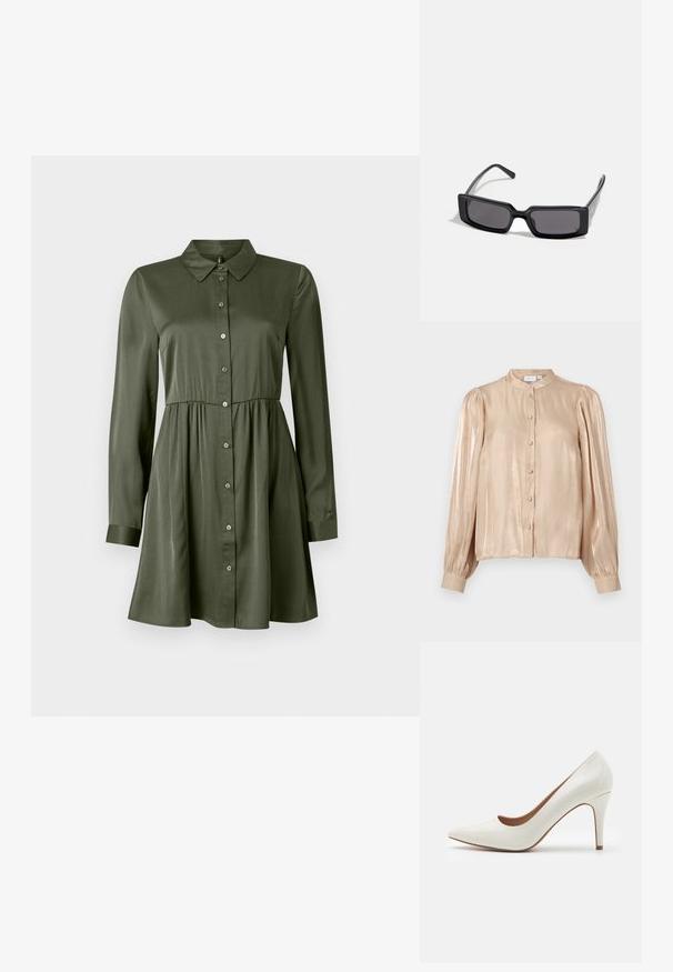VILA VISEANEEN - Gombos blúz - feather gray; Hosszú ujjú, olíva zöld gombos ruha, fitted derékkal és gallérral, enyhén bővülő szoknyával és felhajtott ujjakkal.; Fehér lakkbőr magassarkú cipő hegyes orral és sima felülettel, karcsú sarka van, és alacsony kivágás található a nyílás körül.; Fekete napszemüveg téglalap alakú kerettel, sötét lencsékkel és sima, fényes felülettel. Vékony szárakkal rendelkezik, az oldalán diszkrét márkajelzéssel.; Michael Kors bézs bevonatos vászon karkötő, amely ismétlődő MK logó mintával, aranyszínű fémrészletekkel és levehető lánchordóval rendelkezik.