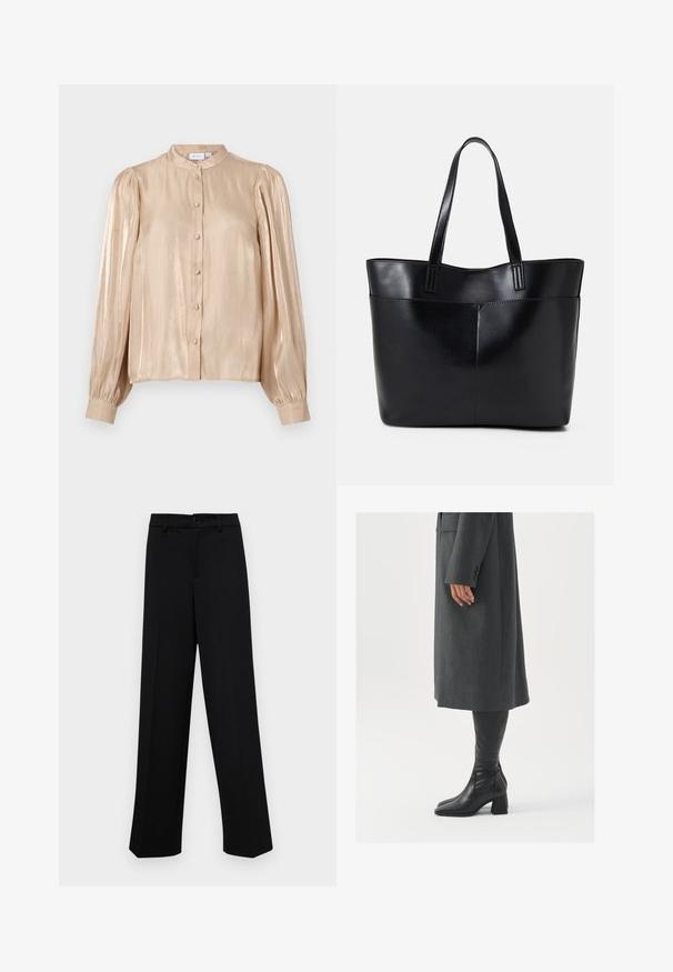 VILA VISEANEEN - Blusa - feather gray; Pantalones de pierna ancha negros, hechos de un tejido suave, con una cintura clásica que incluye un cierre de botón y pliegues frontales.; Abrigo gris, entallado y de corte recto; combinado con botas de cuero negras hasta la rodilla que tienen punta cuadrada y tacón grueso.; Bolso tote de cuero negro con dos asas largas, textura suave y forma estructurada. Cuenta con un bolsillo frontal para almacenamiento adicional.