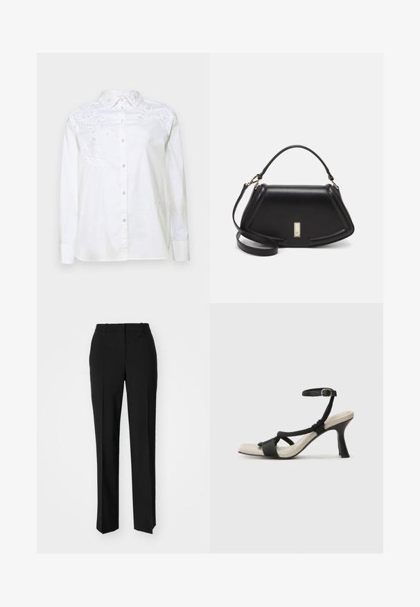 kate spade new york AUTUMN PAISLEY EMBROIDERED SHIRT - Pogājama blūze - fresh white; Melnas pielāgotas bikses ar taisnu kāju dizainu, kas raksturojas ar gludu faktūru un asiem krokām pa priekšu. Nav redzamu metāla detaļu.; Melnas augstpapēžu sānijas ar pinuma siksnu dizainu, kvadrātveida purngali un regulējamu potītes siksnu. Gaismas beidzamais kāju paklājiņš ar spīdīgu melnu papēdi.; Melnas ādas roku soma ar struktūru, ar īsu formu, augšējo rokturi un zelta aksesuāriem. Iekļauta regulējama plecu siksna.
