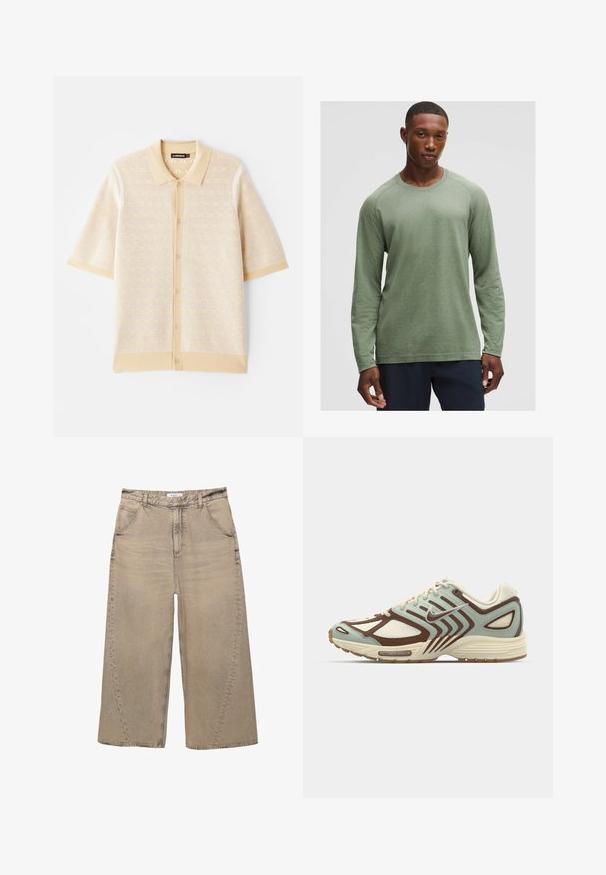 Polo shirt beige a maniche corte con un motivo a maglia testurizzato e una chiusura con bottoni. Presenta un colletto solido e accenti a contrasto.; Camicia a maniche lunghe di colore verde tenue con un motivo testurizzato, scollatura rotonda e maniche raglan, realizzata in tessuto morbido e leggero.; PULL&BEAR MEGA BAGGY - Jeans baggy - light grey; Sneaker azzurro chiaro e marrone con una tomaia in rete texturizzata, design stratificato, dettagli riflettenti e una suola intermedia cremosa imbottita.