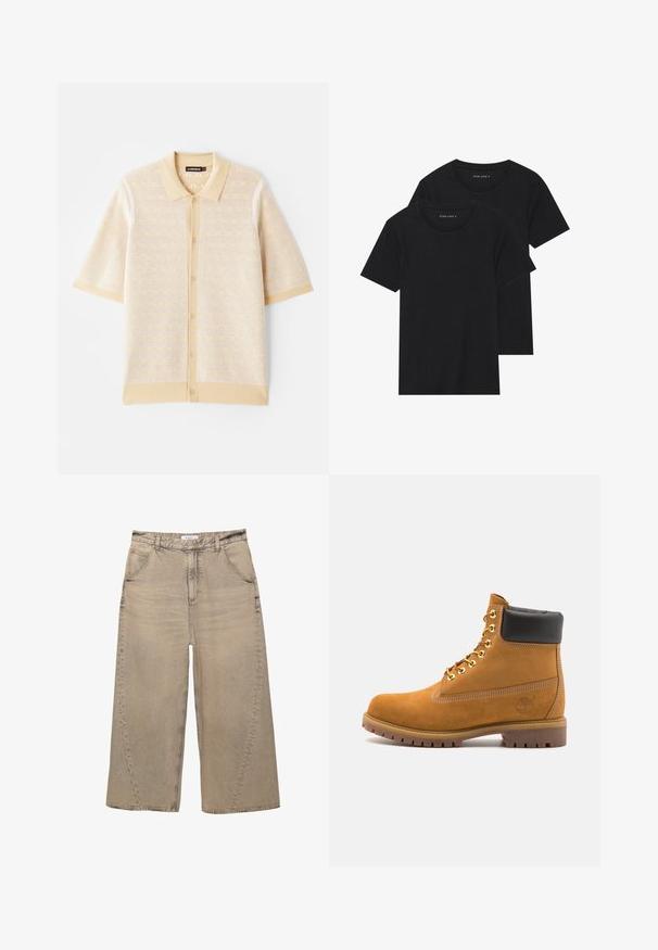 Beżowa koszulka polo z krótkim rękawem o teksturowanym, dzianinowym wzorze i zapięciu na guziki z przodu. Posiada jednolitą kołnierzyk oraz kontrastowe akcenty.; Dwie czarne bawełniane koszulki z krótkimi rękawami, okrągłymi dekoltami i gładką fakturą, wyeksponowane ułożone jedna na drugiej.; PULL&BEAR - Jeansy baggy; Beżowe zamszowe botki sięgające kostki z czarną wyściełaną krawędzią, złotymi oczkami, białymi detalami szycia oraz wytrzymałą gumową podeszwą z wyraźnym bieżnikiem.