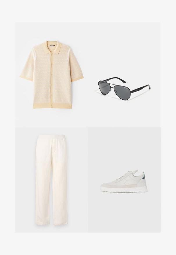 Polo de manga corta beige con un patrón texturizado de punto y botones al frente. Presenta un cuello liso y acentos en contraste.; Pantalones ligeros de color crema con cinturilla elástica, diseño de pierna recta y textura sutil. No cuenta con bolsillos visibles.; Zapatillas de cuero blancas con acentos de ante gris, diseño con cordones, asa de tirón y suela de goma texturizada con un patrón en zigzag.; Gafas de sol estilo aviador negras con lentes oscuros, marco de metal delgado y brazos de plástico esbeltos con acentos de logotipo.
