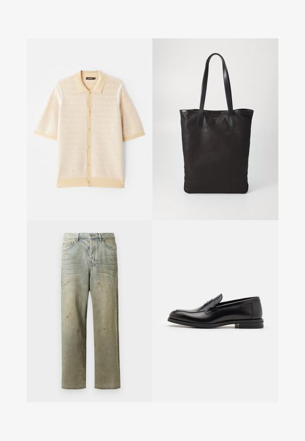 Polo de manga corta beige con un patrón texturizado de punto y botones al frente. Presenta un cuello liso y acentos en contraste.; Jeans de mezclilla desgastados en verde claro, con corte recto, diseño de cinco bolsillos y decoloración desigual con manchas de pintura.; Mocasines de cuero negro con una textura suave, puntera redondeada y una tira decorativa en el empeine. Tacón bajo apilado, diseño minimalista.; Bolsa tote de lona negra con asas de cuero negro. Diseño sencillo, cuerpo espacioso y textura suave. Sin logos ni patrones visibles.