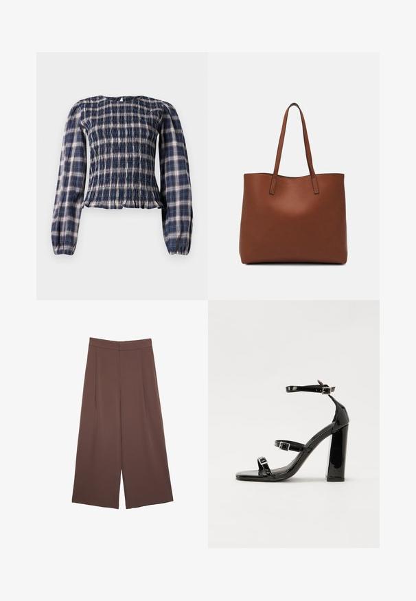 Marineblaue karierte Bluse mit langen Ärmeln, smocktem Oberteil und gerafften Manschetten, ausgestattet mit einer kleinen Schlüsselöffnung und Knopfverschluss am hinteren Halsausschnitt.; Braune Weite-Leg-Hosen mit einer glatten Textur, hoher Taille und Vorderfalten. Der Stoff ist leicht und fällt locker.; Schwarze patentierte Sandalen mit Absatz, quadratischer Spitze, Knöchelriemen und silbernen Schnallen. Mit einem stabilen Blockabsatz für mehr Stabilität.; Braune Leder-Tote mit glatter Textur, offenem Oberteil und zwei Schulterriemen. Verfügt über minimale Nähte und keine sichtbaren Beschläge.