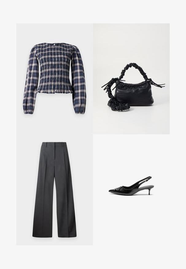 Tamsiai mėlynos spalvos langelių rašto ilgomis rankovėmis bluzonė su smulkiai rauktu kūnu ir surinktomis rankovėmis, su mažomis skylutėmis mygtukams uždaryti kaklo gale.; Tamsiai pilkos plačios kojos kelnės, turinčios aukštą liemenį, vieną raukšlę ir sklandžią tekstūrą su tvarkingais kraštais.; Juodos odinės slingback aukštakulniai su smailiu nosiu, mažais katės kulnais ir dekoratyvine mazgo detale priekyje. Visas paviršius lygus.; Juodas dirbtinės odos rankinė su krokodilo tekstūra, sušnibždinta viršuje ir susikraipytu dirželiu. Atrodo minkšta ir kompaktiška.