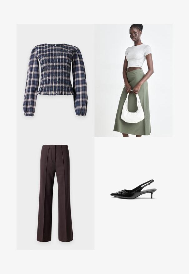 Jūras spēku zila raiba blūze ar garām piedurknēm, pieguļošu krūšu daļu un savērptiem aproces galiem, ar mazu atslēgas caurumu pogu aizdari aizmugurē pie kakla.; Platas kājas bikses tumši brūnā audumā ar kvalitatīvu dizainu, priekšējām krokām un gludu tekstūru, piemērotas formālām izpausmēm.; Melni ādas sandales ar norādītu pirkstu, mazu kaķa papēdi un dekoratīvu mezglu detaļu priekšā. Gluda tekstūra visā virsmā.; Pelēks ribots īsais tops un olīvzaļš augstās vidukļa svārki. Modelis tur baltu plecu somu ar izgriezumiem. Vienkāršs dizains, pieguloša silueta.