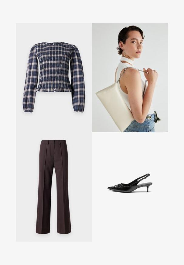 Navy blue plaid long-sleeve blouse with smocked bodice and gathered cuffs, featuring a small keyhole button closure at the back neckline.; Wide-leg trousers in dark brown fabric feature a tailored design with front pleats and a smooth texture, suitable for formal occasions.; Black leather slingback heels with a pointed toe, small kitten heel, and a decorative knot detail on the front. Smooth texture throughout.; White rectangular clutch bag made of glossy material, featuring a silver chain strap. Model poses, showcasing the bag against a plain background.