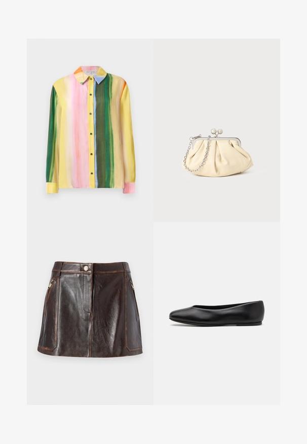 Kleurige blouse met lange mouwen, voorzien van verticale strepen in roze, geel, groen en oranje. Gemaakt van een soepele stof met een kraag en knoopsluiting aan de voorkant.; Bruine leren mini-rok met een slank ontwerp, twee ritszakken aan de zijkanten en contrasterende steken langs de randen.; Paul Smith TOPANGA - Ballerina's - black; Geplooide beige leren clutch met een zilveren metalen frame, voorzien van twee ronde decoratieve sluitingen en een zilveren kettingriem.
