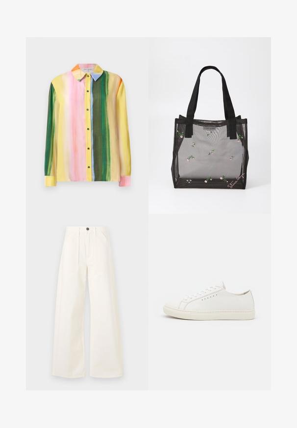 Blouse colorée à manches longues présentant des rayures verticales en rose, jaune, vert et orange. Confectionnée dans un tissu doux avec un col et un devant à boutons.; Pantalons à jambes larges en coton blanc cassé, avec une taille haute, deux poches avant et une fermeture à bouton sur le devant.; Baskets en cuir blanc avec une texture lisse, bout rond, œillets minimalistes et semelle plate en caoutchouc. Design simple sans accents supplémentaires.; Sac fourre-tout en mesh noir avec des motifs floraux brodés, doté de poignées noires robustes et d'une étiquette de logo à l'avant. Matériau translucide.