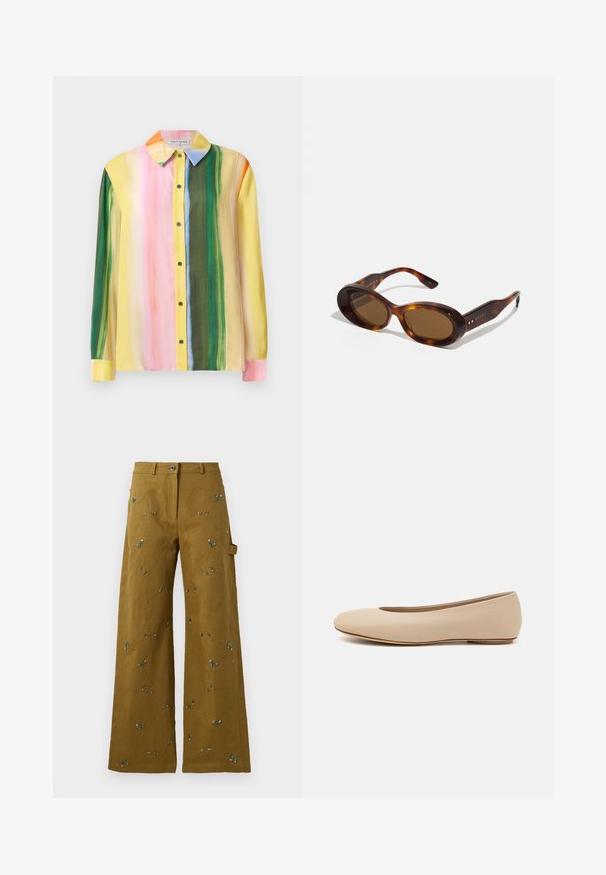 Blouse colorée à manches longues présentant des rayures verticales en rose, jaune, vert et orange. Confectionnée dans un tissu doux avec un col et un devant à boutons.; Pantalons larges en tissu vert olive avec broderie florale. Présente une fermeture à bouton et une poche latérale. Détail de couture texturée sur l'ensemble.; Ballerines en cuir beige avec un bout arrondi, un minimum de coutures, un petit talon et un logo subtil à l'arrière. Texture lisse et mate.; Lunettes de soleil en écaille de tortue avec des verres ovales, teinte marron et accents dorés sur les branches. Montures épaisses avec une finition brillante et une texture lisse.