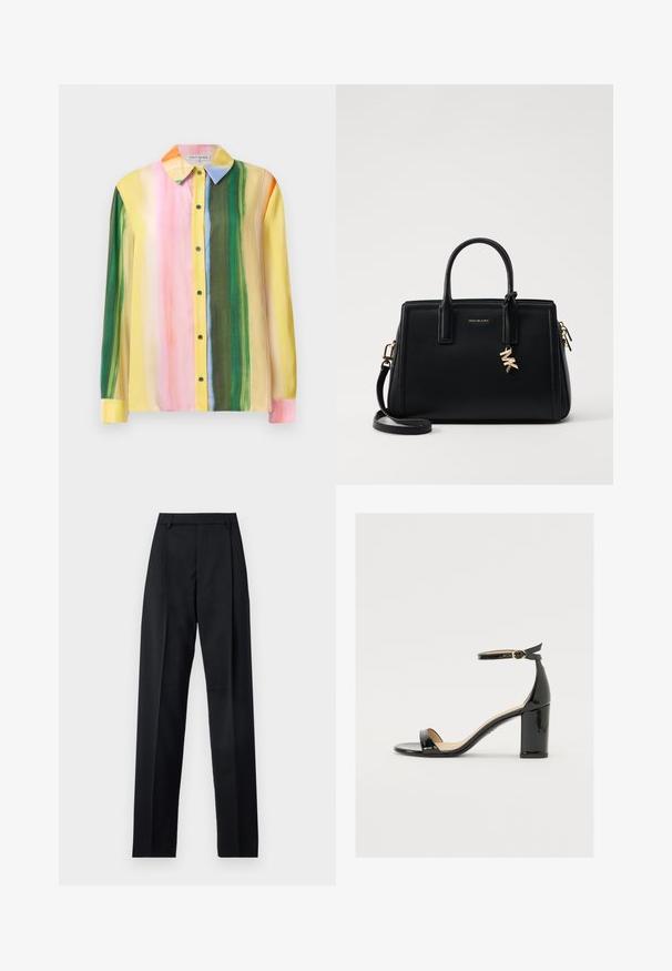 Kleurige blouse met lange mouwen, voorzien van verticale strepen in roze, geel, groen en oranje. Gemaakt van een soepele stof met een kraag en knoopsluiting aan de voorkant.; Zwarte broek gemaakt van gladde stof met een hoge taille, wijde benen, voorplooien en klassieke ceintuurlussen. Geen zijzakken zichtbaar.; Zwarte lakleren sandaal met een brede hak, open teen en enkelbandje met een gouden gesp. Zachte textuur en strak ontwerp.; Zwarte leren handtas met gestructureerd ontwerp, dubbele handvatten aan de bovenkant, afneembare schouderband, gouden hardware en een logo charm accent.