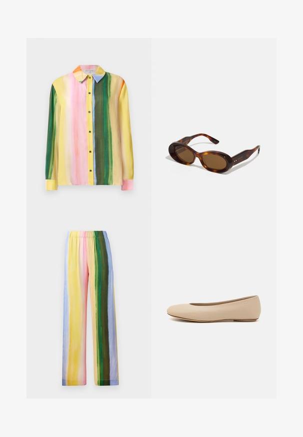 Spalvinga ilgomis rankovėmis bluzonė, kuri pasižymi vertikaliomis juostelėmis rožinės, geltonos, žalios ir oranžinės spalvų. Pagaminta iš lygaus audinio, su apykakle ir mygtukų užsegimu.; Plačios kojos kelnės su elastinga juosta, puikuojančios vertikaliomis juostelėmis pastelinių spalvų: geltonos, rožinės, žalios, mėlynos ir šviesiai violetinės. Lygi tekstūra.; Šviesiai ruda odinė baleto bateliai su apvaliu galiuku, minimaliais siūlių detalėmis, žemu kulnu ir subtiliu logotipu gale. Lygi, matinė tekstūra.; Tortoiso akies saulės akiniai su ovaliais objektyvais, rusvu tonu ir auksiniais akcentais ant šonų. Stori rėmeliai su blizgiu paviršiumi ir glotnia tekstūra.