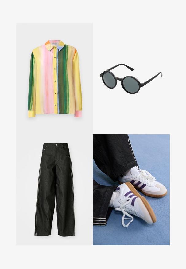 Blouse colorée à manches longues présentant des rayures verticales en rose, jaune, vert et orange. Confectionnée dans un tissu doux avec un col et un devant à boutons.; Pantalons en denim noir à jambes larges avec des rayures latérales blanches, dotés de poches avant, d'une fermeture à bouton et d'un logo subtil près de la taille.; Baskets blanches avec des rayures violettes et des semelles en caoutchouc marron, dotées de lacets ronds et d'un col rembourré. Portées avec un pantalon en denim foncé.; Lunettes de soleil rondes avec une monture en plastique noir et des verres gris foncé. Présentent des branches fines et droites avec des accents minimalistes.