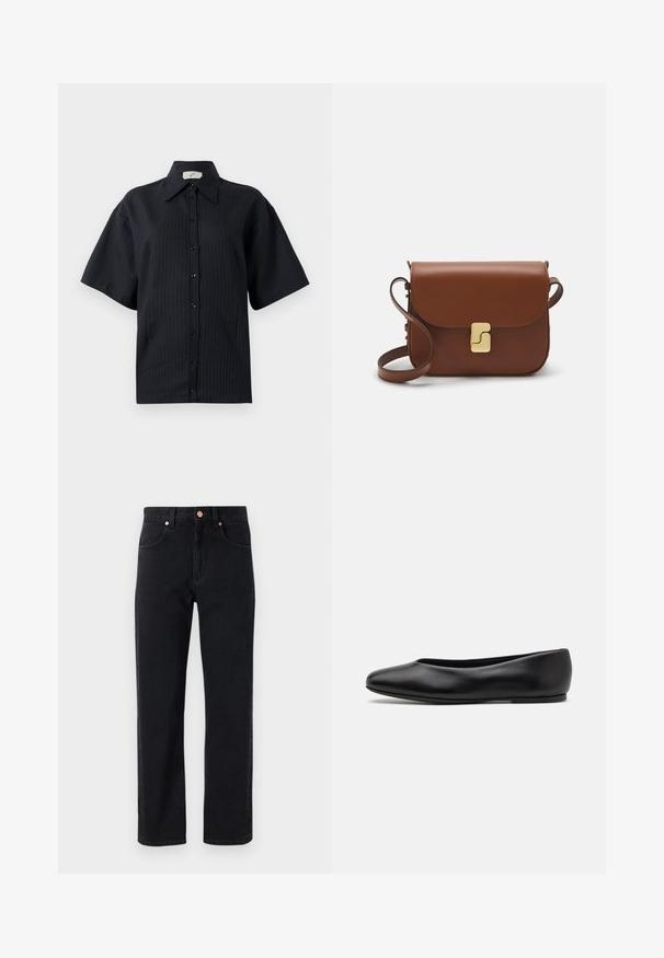Black button-up shirt with short sleeves, featuring a striped pattern, spread collar, and front button closure. Smooth texture, relaxed fit.; Black denim jeans with a straight-leg cut, five-pocket design, copper button details, and minimal stitching visible.; Paul Smith TOPANGA - Ballet pumps - black; Brown leather handbag with a flap closure, gold-tone hardware, a shoulder strap, and a smooth texture. Compact rectangular shape.