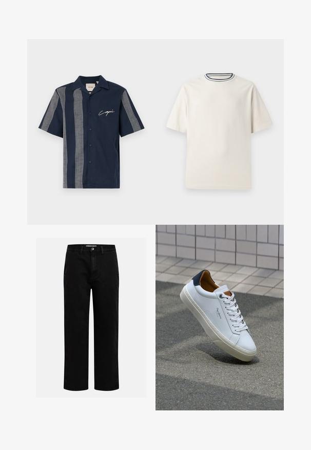 Rövid ujjú, sötétkék pamut ing, fehér négyzethálós csíkozással és "Capri" felirattal a mellrészen. Gombos dizájn.; Krémszínű pamut póló rövid ujjakkal, kerek nyakkivágással, melyet tengerészkék és fehér csíkok díszítenek. Sima textúrájú, laza szabású.; Fekete farmernadrág egyenes szabással, klasszikus öt zsebes kialakítással és gombos derékkal. Simább textúra és tartós anyag.; Fehér bőr sneaker sötétkék sarkúval, kerek orral és kontrasztos barna részletekkel. Lapított fűzőkkel és textúrált gumitalppal rendelkezik.