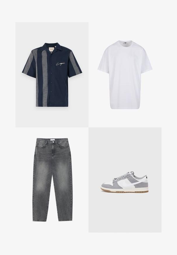 Rövid ujjú, sötétkék pamut ing, fehér négyzethálós csíkozással és "Capri" felirattal a mellrészen. Gombos dizájn.; Fehér pamut póló rövid ujjal, kerek nyakú, laza szabású, és nincsenek látható logók vagy minták. Simább textúra és minimalista dizájn.; Magasan szabott, bővebb szabású farmernadrág fakó fekete denim anyagban. Öt zsebbel, övhurkokkal és tiszta, egyenes lábszár dizájnnal rendelkezik.; Szürke és fehér sportcipő, velúr és bőr felsőrésszel, kerek orral, lapos fűzőkkel és gumitalppal, amelyen rágógumi színű díszítés található.
