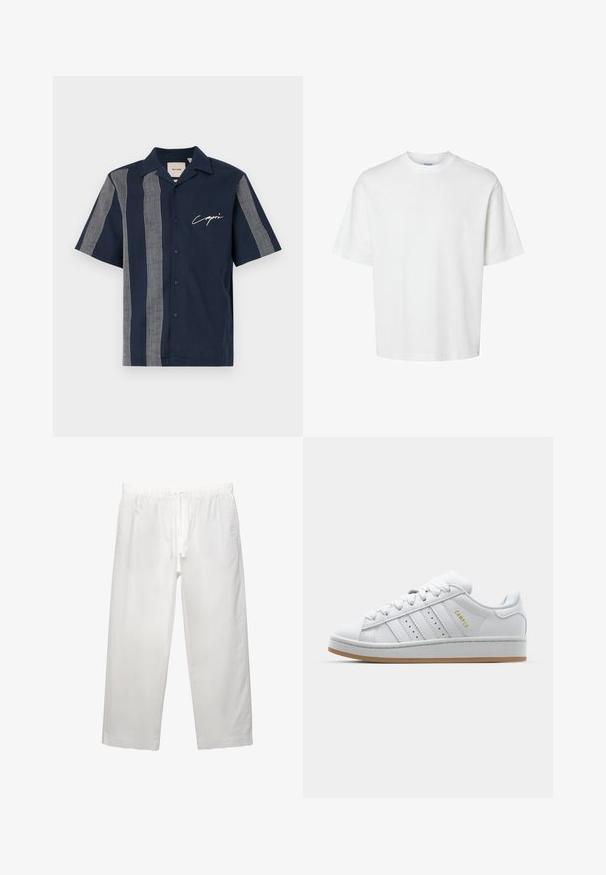 Kurzarmpullover in Marineblau aus Baumwolle mit weißen Karo-Musterstreifen und "Capri"-Markenlogo auf der Brust. Mit Knopfverschluss.; Weißes Baumwoll-T-Shirt mit kurzen Ärmeln, Rundhalsausschnitt und lässigem Schnitt. Glatte Textur ohne sichtbare Muster oder Akzente.; Weiße Leinenhose mit elastischem Bund und Kordelzug, weitem Bein-Design und sauberen Nähten. Glatte Textur mit lässiger Passform.; Weiße Sneaker mit durchbrochenem Drei-Streifen-Design, strukturierten Akzenten, einer Gummisohle und dem goldenen "CAMPUS"-Logo an der Seite.