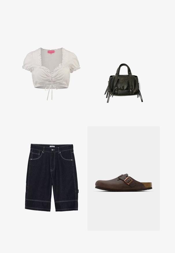 Fehér, rövid fazonú felső puffos ujjakkal, struktúrált anyagból, fodros nyakkivágással és elülső megkötő részletekkel, amelyen pöttyös minta található.; Sötét farmer sort kontrasztos varrással, öt zseb, gombos záródás és egyenes szabás. Nincsenek látható minták vagy textúrák.; Barna bőr klumpa széles pánttal és réz csattal, texturált parafa talppal és vastag fekete gumitalppal.; Fekete bőrtáska fonott füllel, cipzáras zsebbel és lógó bojtokkal. Texturált felület fém szegecsekkel és hardver díszítésekkel.