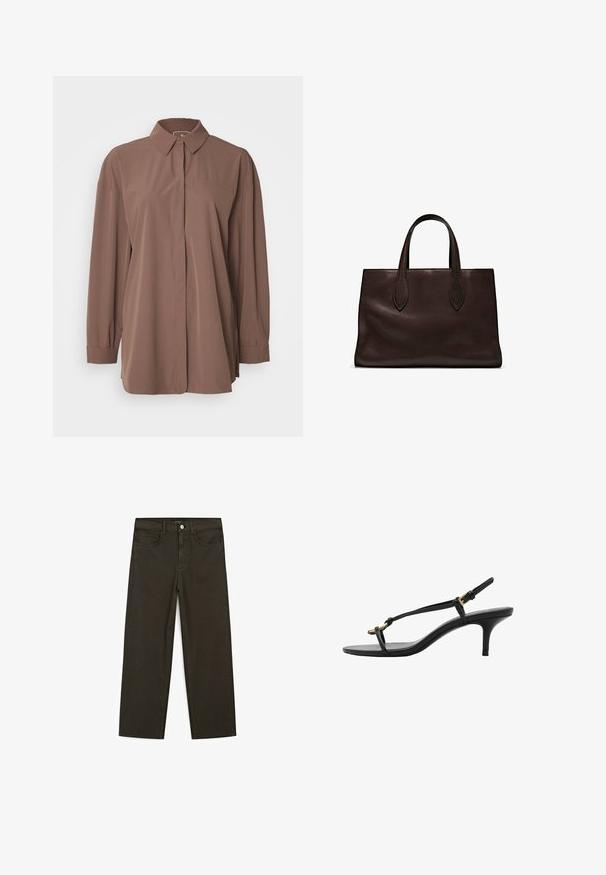 Hnědá košile s dlouhým rukávem vyrobená z hladké látky, s límečkem, knoflíkovým zapínáním, náprsní kapsou a detaily na manžetách s žebrováním.; Tmavě zelené široké džínsy vyrobené z bavlněné směsi, s předním zapínáním na knoflík, pěti kapsami a klasickým denimovým stehem.; Černé kožené sandály na kotníkovém podpatku s tenkými pásky, zlatou sponou a minimalistickým provlečením na prstech na bílém pozadí.; Hnědá kožená taška přes rameno s dvěma dlouhými uchy, strukturální obdélníkový tvar, hladká textura a jemné švy.
